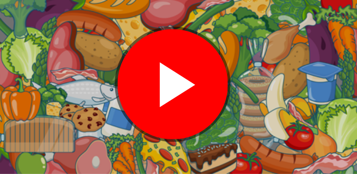 Illustration of different types of food waste with a video play button in the centre.