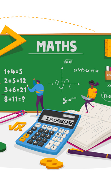 An illustration of a chalk board with maths drawn on, along with a 60 degree drawing triangle, calculator, book, pen, compass and people.