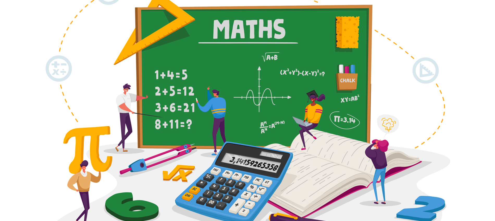 nojs An illustration of a chalk board with maths drawn on, along with a 60 degree drawing triangle, calculator, book, pen, compass and people.