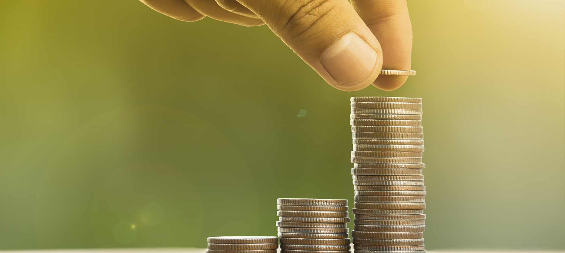 nojs Coins stacked in five piles with a person's hand poised to place another coin on the biggest stack.