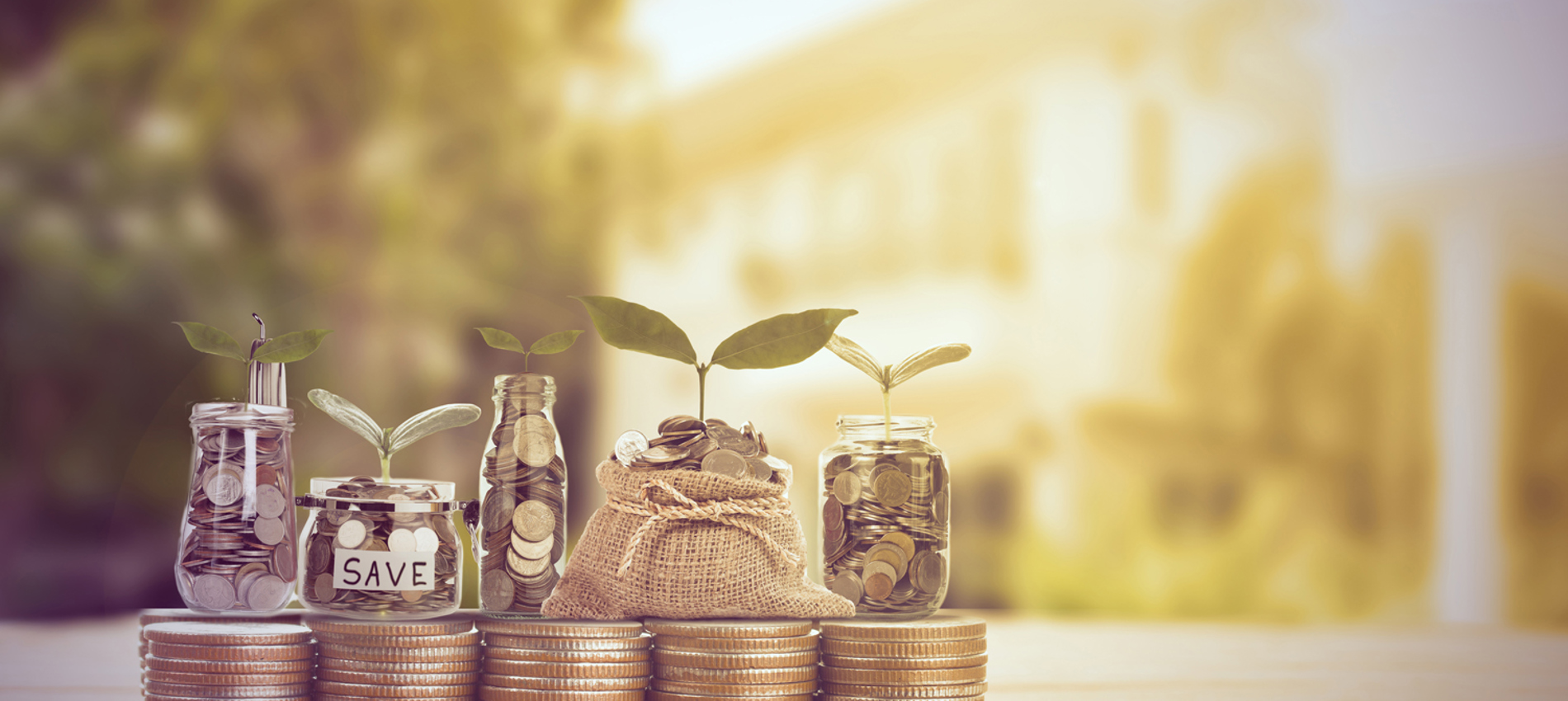 nojs Five equal stacks of coins topped with glass jars and a hessian bag with more coins inside and plant sprouts representing growth.