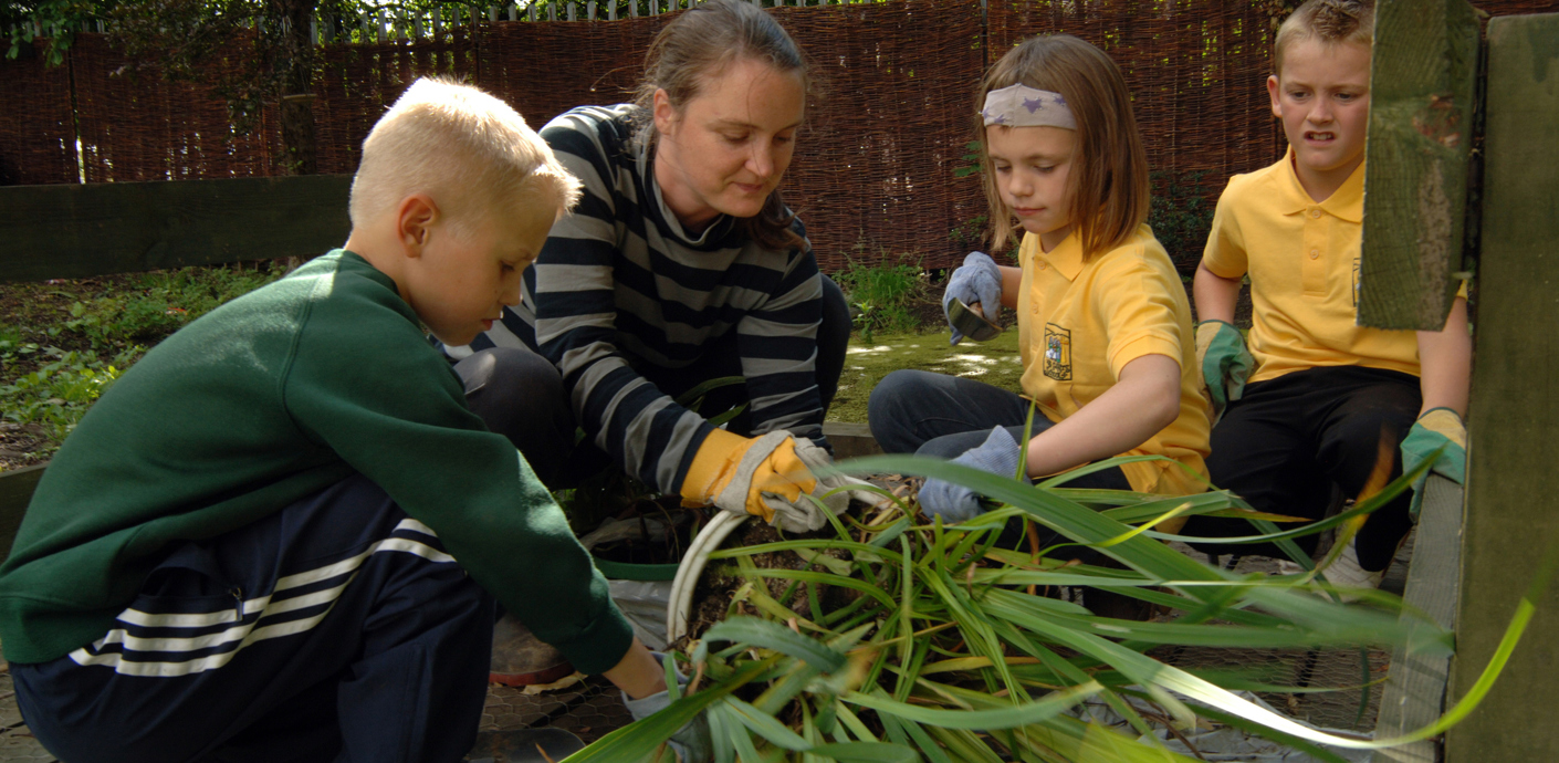 Adult and 3 children playing in the garden