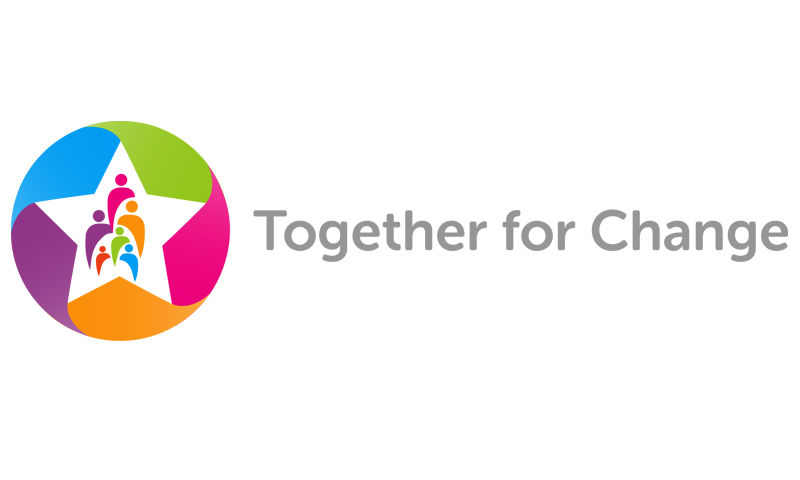 A white star containing people icons in a multicoloured circle, with the words 'Together for Change' next to it. The Together for Change mark shows where we have engaged and co-produced content.